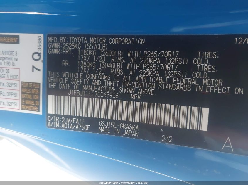 2007 Toyota Fj Cruiser VIN: JTEBU11F170065936 Lot: 43913497