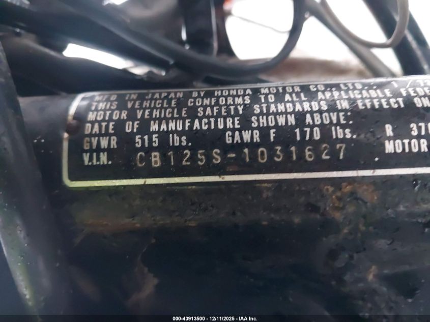 1979 Honda Cb125 VIN: CB125S1031627 Lot: 43913500