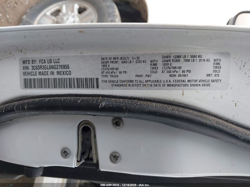 2022 Ram 3500 Tradesman 4X4 8' Box VIN: 3C63R3GL6NG276956 Lot: 43913510