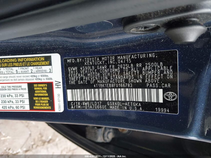 2015 Toyota Avalon Xle VIN: 4T1BK1EB8FU166783 Lot: 43913511