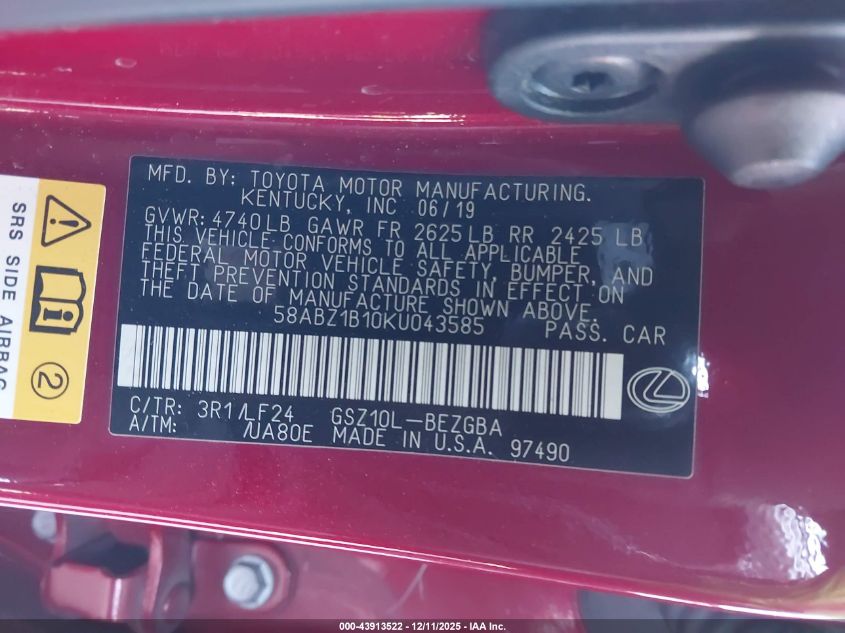2019 Lexus Es 350 F Sport VIN: 58ABZ1B10KU043585 Lot: 43913522