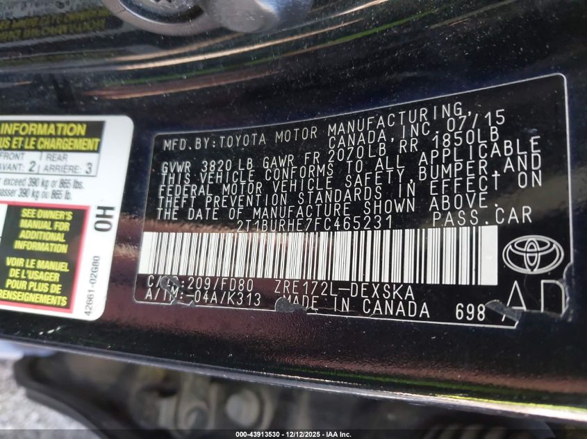 2015 Toyota Corolla S Plus VIN: 2T1BURHE7FC465231 Lot: 43913530