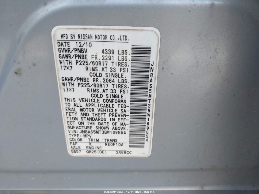 2011 Nissan Rogue S/Sv/Krom VIN: JN8AS5MT3BW169854 Lot: 43913543