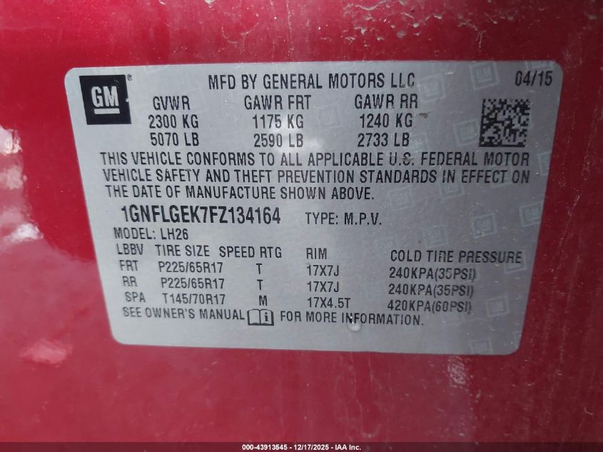 2015 Chevrolet Equinox 2Lt VIN: 1GNFLGEK7FZ134164 Lot: 43913545