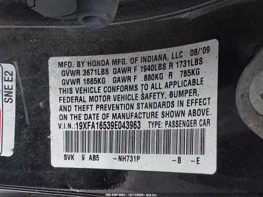 2009 Honda Civic Lx VIN: 19XFA16539E043963 Lot: 43913551