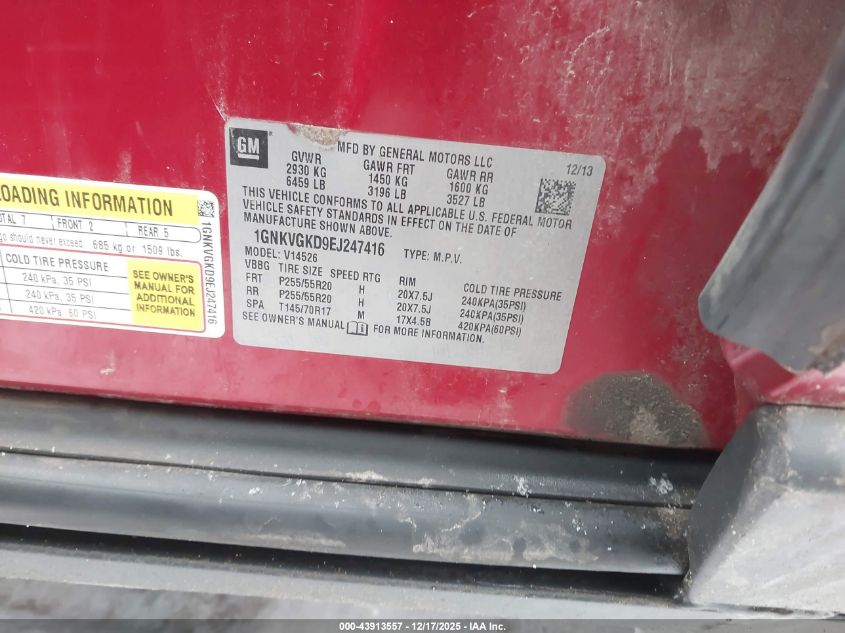 2014 Chevrolet Traverse 1Lt VIN: 1GNKVGKD9EJ247416 Lot: 43913557