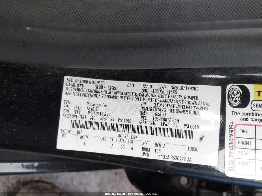 2011 Ford Fiesta Ses VIN: 3FADP4FJ2BM174209 Lot: 43913560