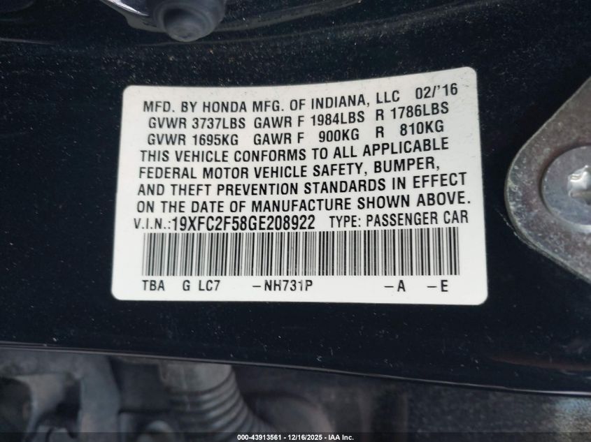 2016 Honda Civic Lx VIN: 19XFC2F58GE208922 Lot: 43913561