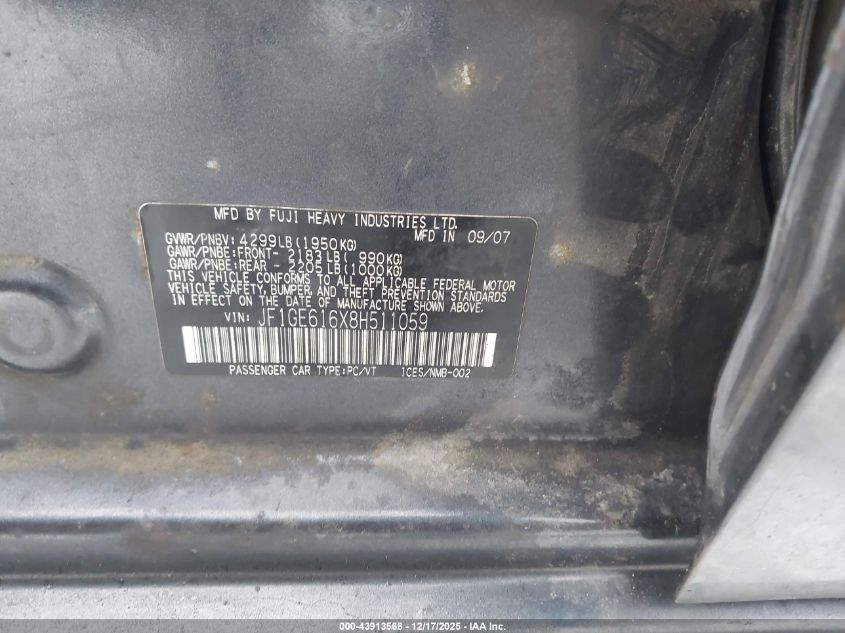 2008 Subaru Impreza 2.5I VIN: JF1GE616X8H511059 Lot: 43913568