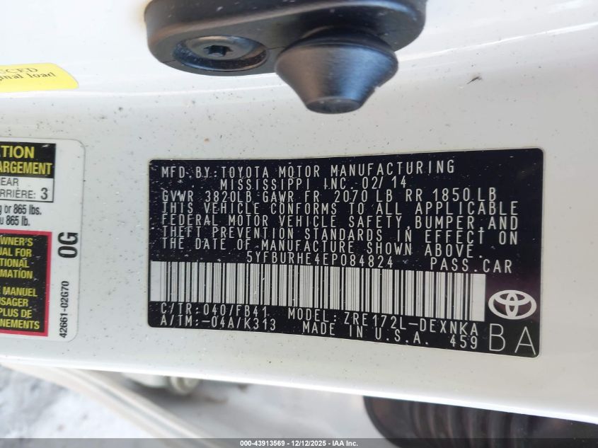 2014 Toyota Corolla Le Plus VIN: 5YFBURHE4EP084824 Lot: 43913569