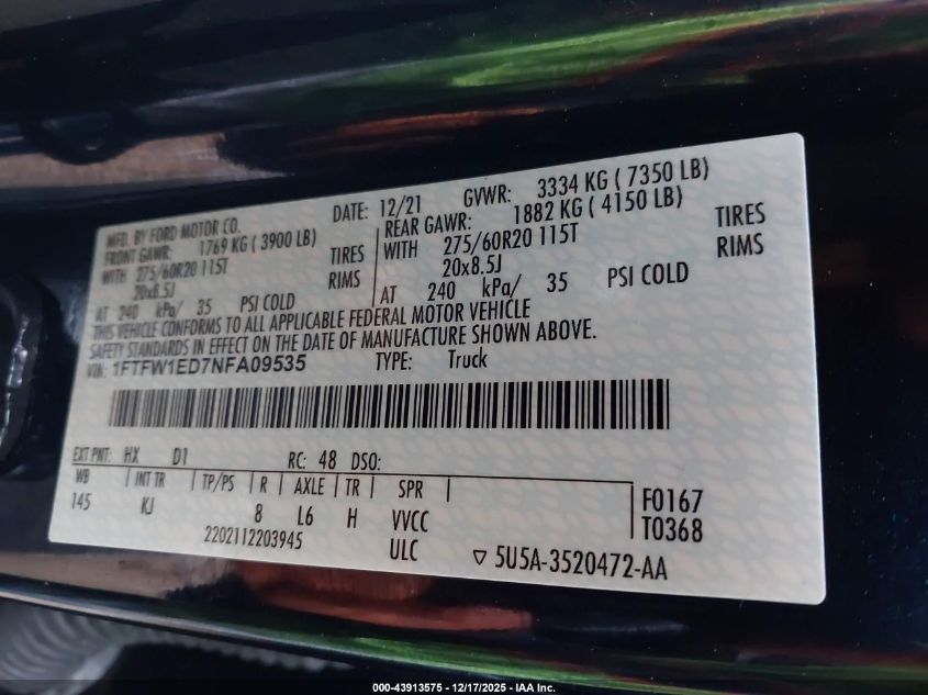 2022 Ford F150 Supercrew VIN: 1FTFW1ED7NFA09535 Lot: 43913575