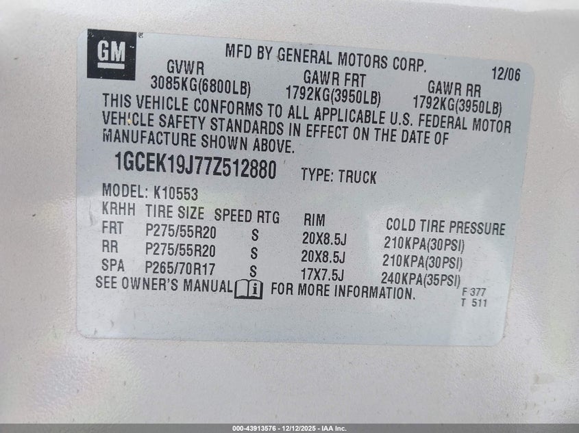 Auction sale of the 2007 CHEVROLET SILVERADO , vin: 1GCEK19J77Z512880, lot number: 43913576