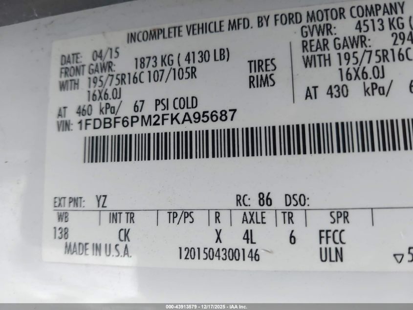 2015 Ford Transit-350 Cutaway VIN: 1FDBF6PM2FKA95687 Lot: 43913579