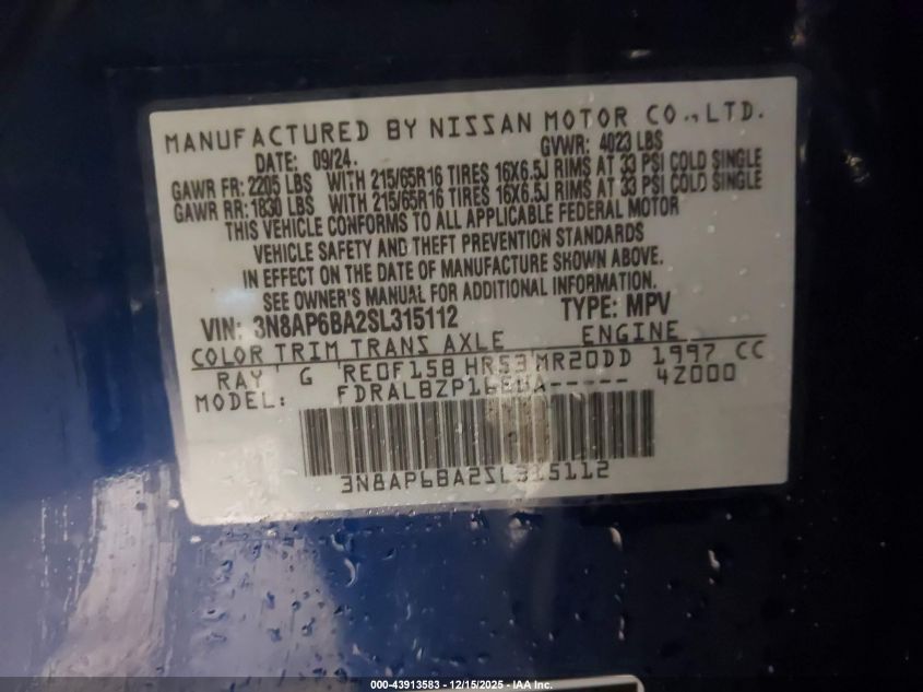 2025 Nissan Kicks S Fwd VIN: 3N8AP6BA2SL315112 Lot: 43913583