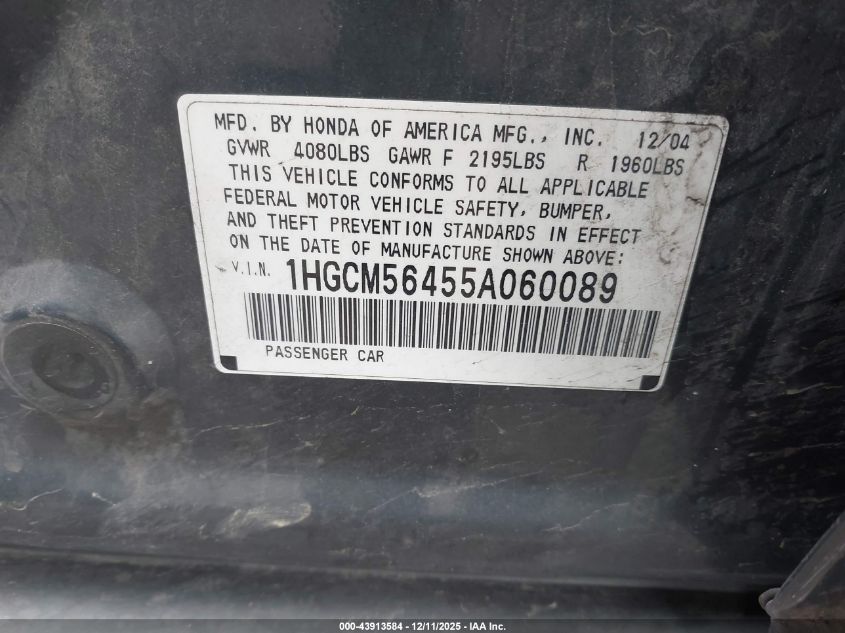 2005 Honda Accord 2.4 Lx VIN: 1HGCM56455A060089 Lot: 43913584