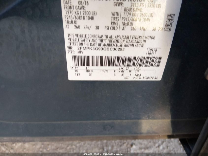 2016 Ford Edge Se VIN: 2FMPK3G90GBC30253 Lot: 43913587