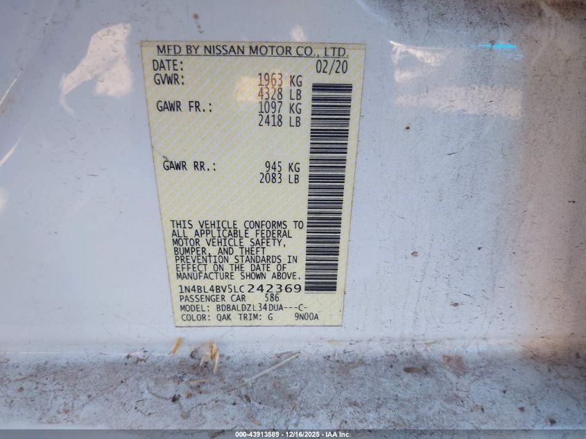 2020 Nissan Altima S Fwd VIN: 1N4BL4BV5LC242369 Lot: 43913589