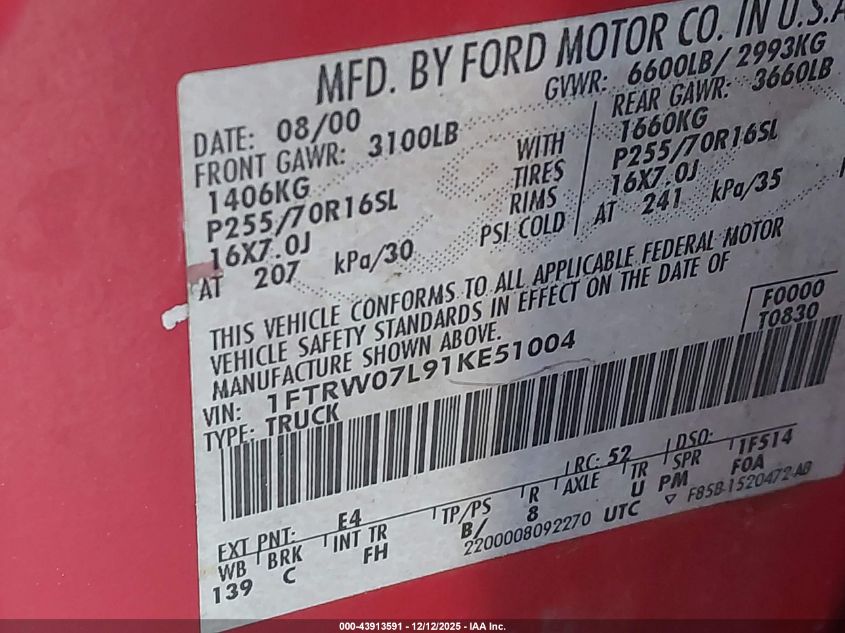 2001 Ford F-150 Supercrew Harley-Davidson/King Ranch/Lariat/Xlt VIN: 1FTRW07L91KE51004 Lot: 43913591