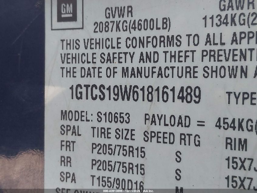 2001 GMC Sonoma Sls VIN: 1GTCS19W618161489 Lot: 43913595