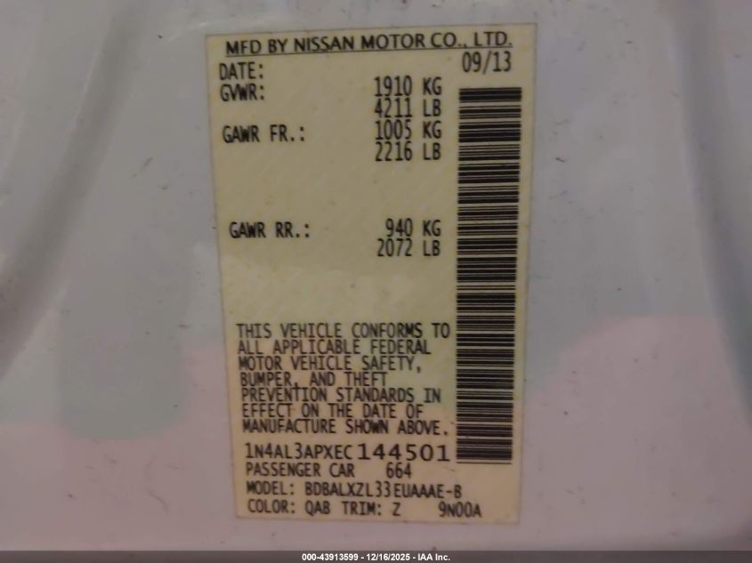 2014 Nissan Altima 2.5 Sl VIN: 1N4AL3APXEC144501 Lot: 43913599