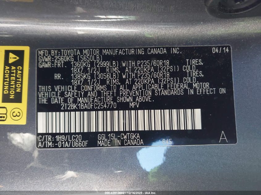 2015 Lexus Rx 350 VIN: 2T2BK1BA0FC254770 Lot: 43913602