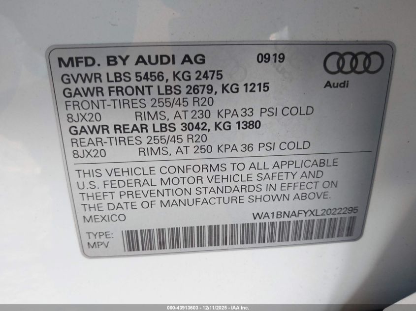 2020 Audi Q5 Premium Plus 45 Tfsi Quattro S Tronic VIN: WA1BNAFYXL2022295 Lot: 43913603