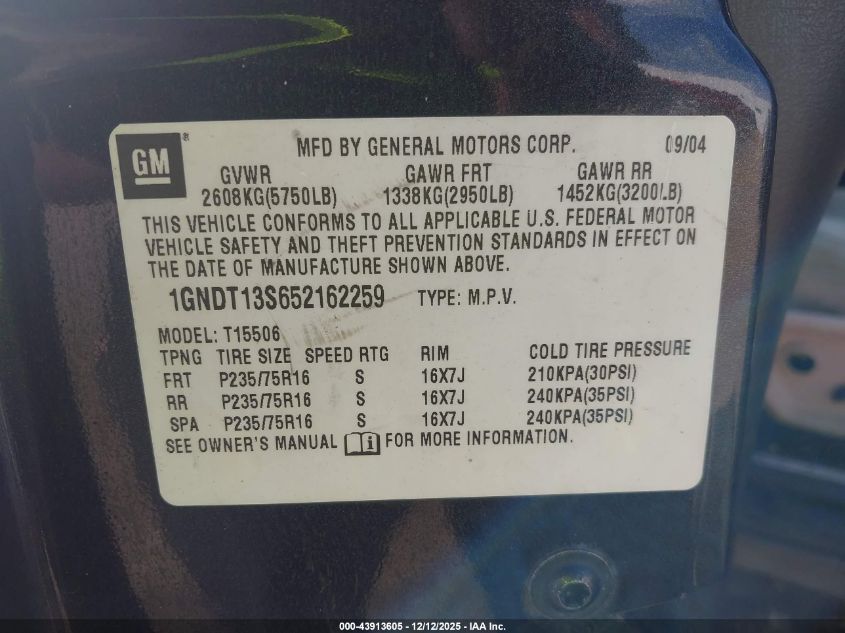 2005 Chevrolet Trailblazer Ls VIN: 1GNDT13S652162259 Lot: 43913605