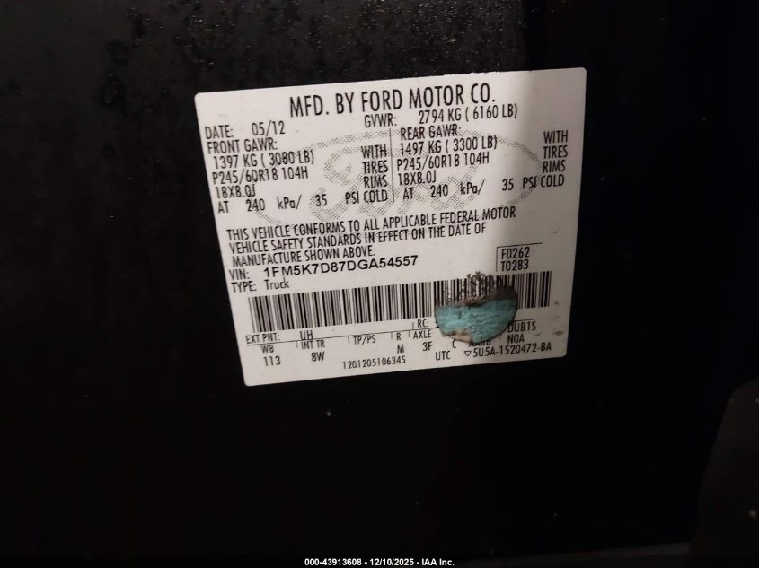 2013 Ford Explorer Xlt VIN: 1FM5K7D87DGA54557 Lot: 43913608