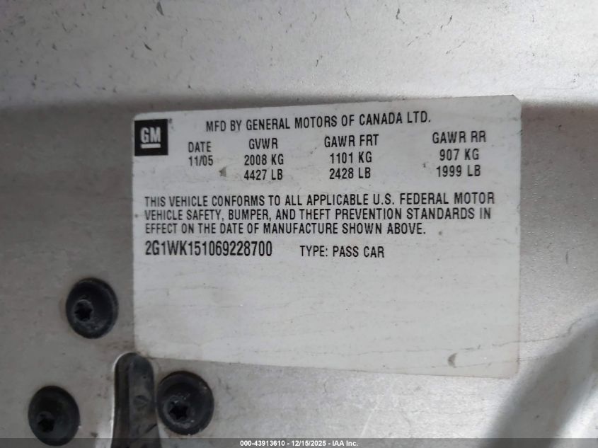 2006 Chevrolet Monte Carlo Lt VIN: 2G1WK151069228700 Lot: 43913610