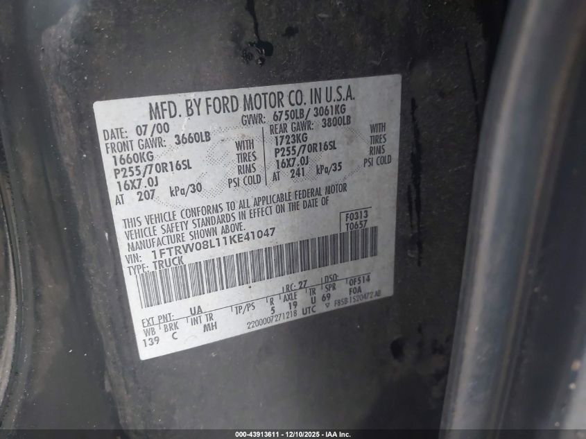 2001 Ford F-150 King Ranch Edition/Lariat/Xlt VIN: 1FTRW08L11KE41047 Lot: 43913611