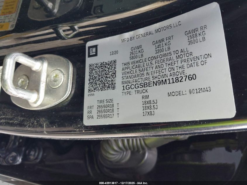 2021 Chevrolet Colorado 2Wd Short Box Wt VIN: 1GCGSBEN9M1182760 Lot: 43913617