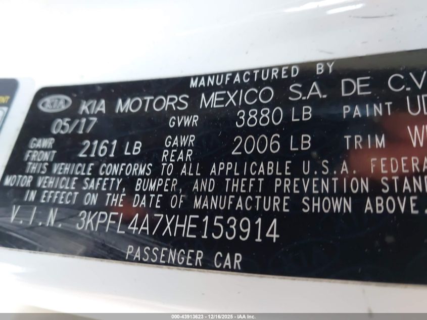 2017 Kia Forte S VIN: 3KPFL4A7XHE153914 Lot: 43913623