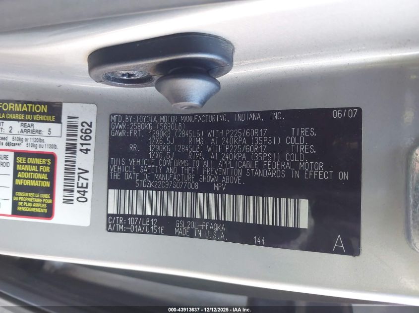 2007 Toyota Sienna Xle VIN: 5TDZK22C97S077008 Lot: 43913637