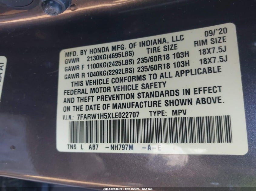 VIN 7FARW1H5XLE022707 2020 HONDA CR-V 2WD EX
