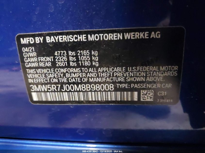 2021 BMW 330I xDrive VIN: 3MW5R7J00M8B98008 Lot: 43913642