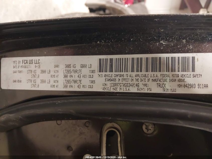 2016 Ram 1500 Outdoorsman VIN: 1C6RR7GT0GS340146 Lot: 43913649