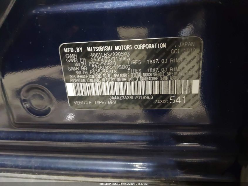 2020 Mitsubishi Outlander Es 2.4 S-Awc VIN: JA4AZ3A38LZ016963 Lot: 43913650