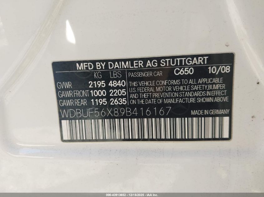2009 Mercedes-Benz E 350 VIN: WDBUF56X89B416167 Lot: 43913652