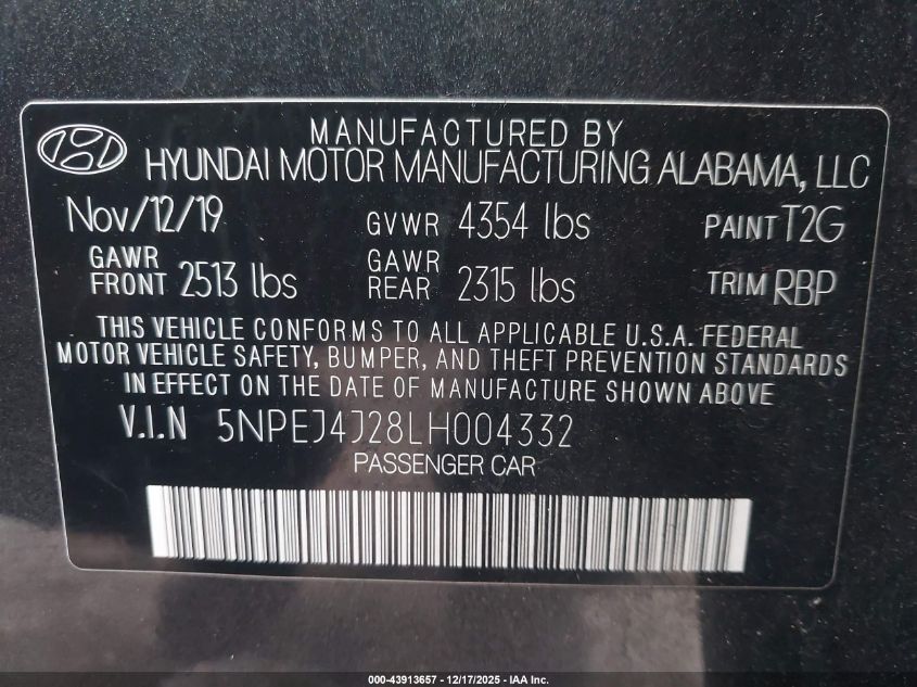 2020 Hyundai Sonata Sel Plus VIN: 5NPEJ4J28LH004332 Lot: 43913657