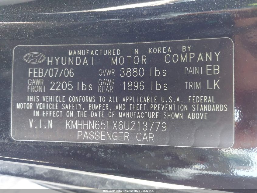 2006 Hyundai Tiburon Gt/Gt Limited/Se VIN: KMHHN65FX6U213779 Lot: 43913662