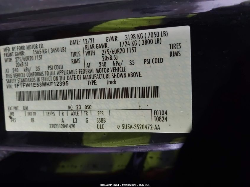 2021 Ford F-150 Xl VIN: 1FTFW1E53MKF12395 Lot: 43913664