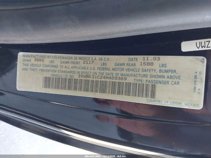 2004 Volkswagen New Beetle Gl VIN: 3VWBK31C24M409369 Lot: 43913668