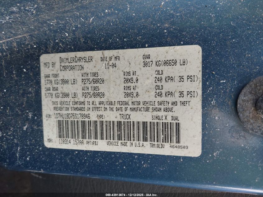 2005 Dodge Ram 1500 Slt/Laramie VIN: 1D7HU18D75S178946 Lot: 43913674