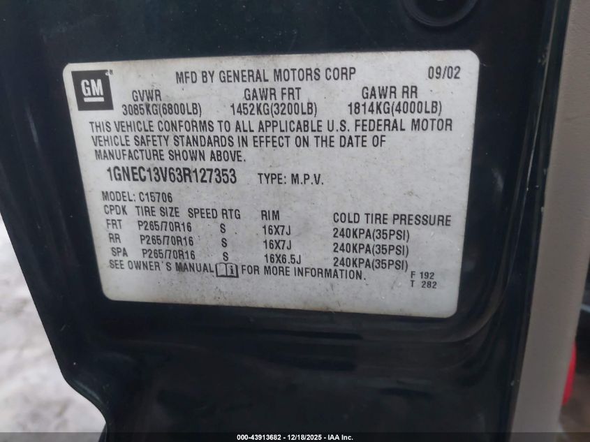 2003 Chevrolet Tahoe Ls VIN: 1GNEC13V63R127353 Lot: 43913682