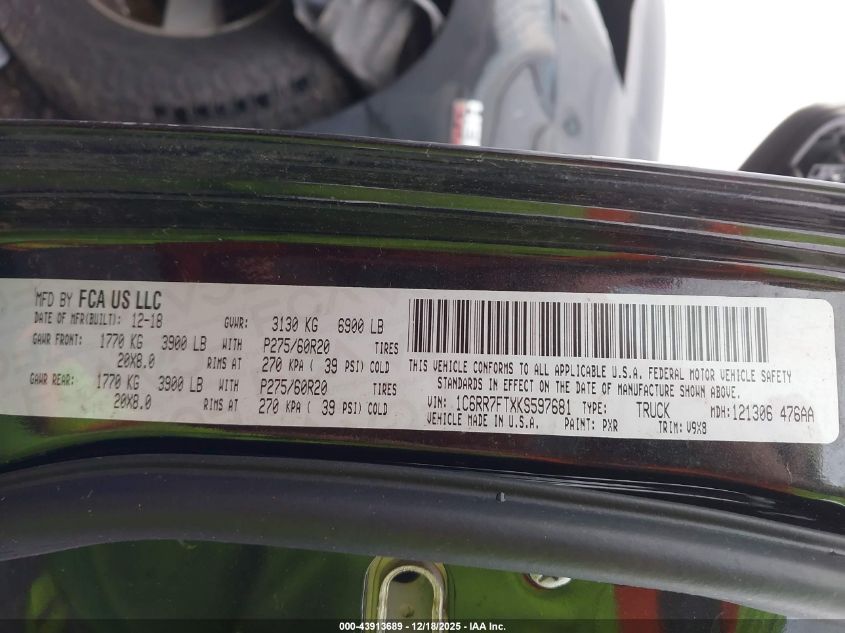 2019 Ram 1500 Classic Express 4X4 6'4 Box VIN: 1C6RR7FTXKS597681 Lot: 43913689