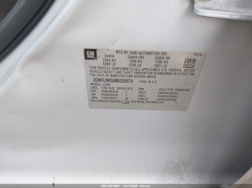 2011 Chevrolet Equinox 2Lt VIN: 2CNFLNE56B6255874 Lot: 43913691