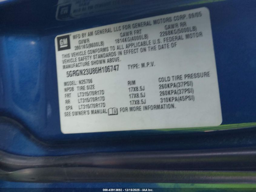 2006 Hummer H2 Suv VIN: 5GRGN23U86H106747 Lot: 43913692