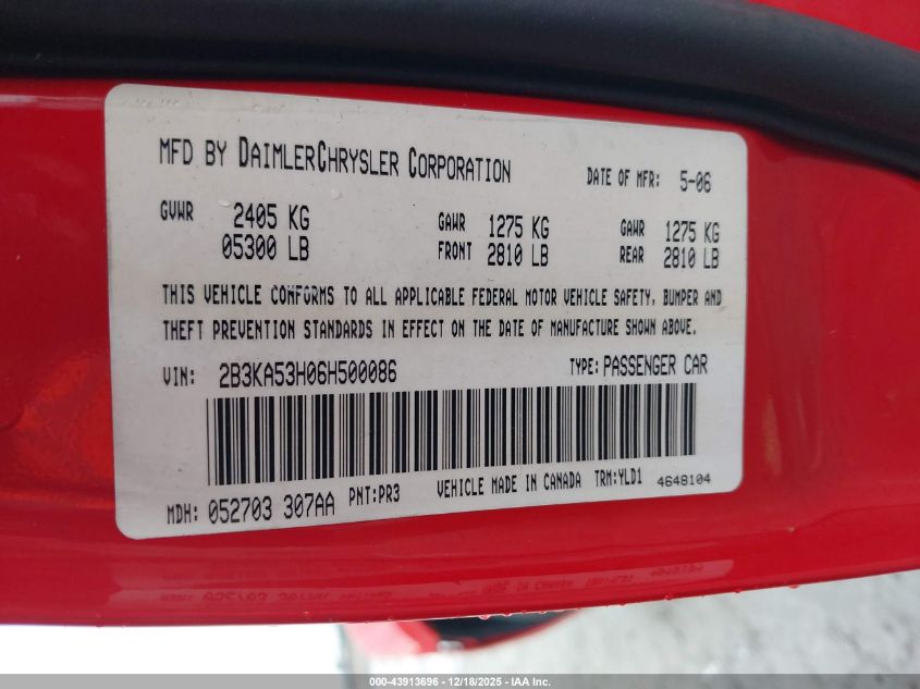 2006 Dodge Charger Rt VIN: 2B3KA53H06H500086 Lot: 43913696