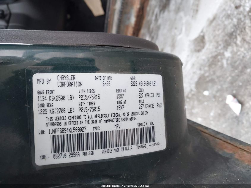 1999 Jeep Cherokee Classic/Sport VIN: 1J4FF68S4XL509027 Lot: 43913703