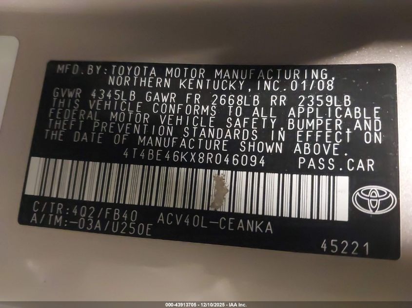 2008 Toyota Camry Le VIN: 4T4BE46KX8R046094 Lot: 43913705